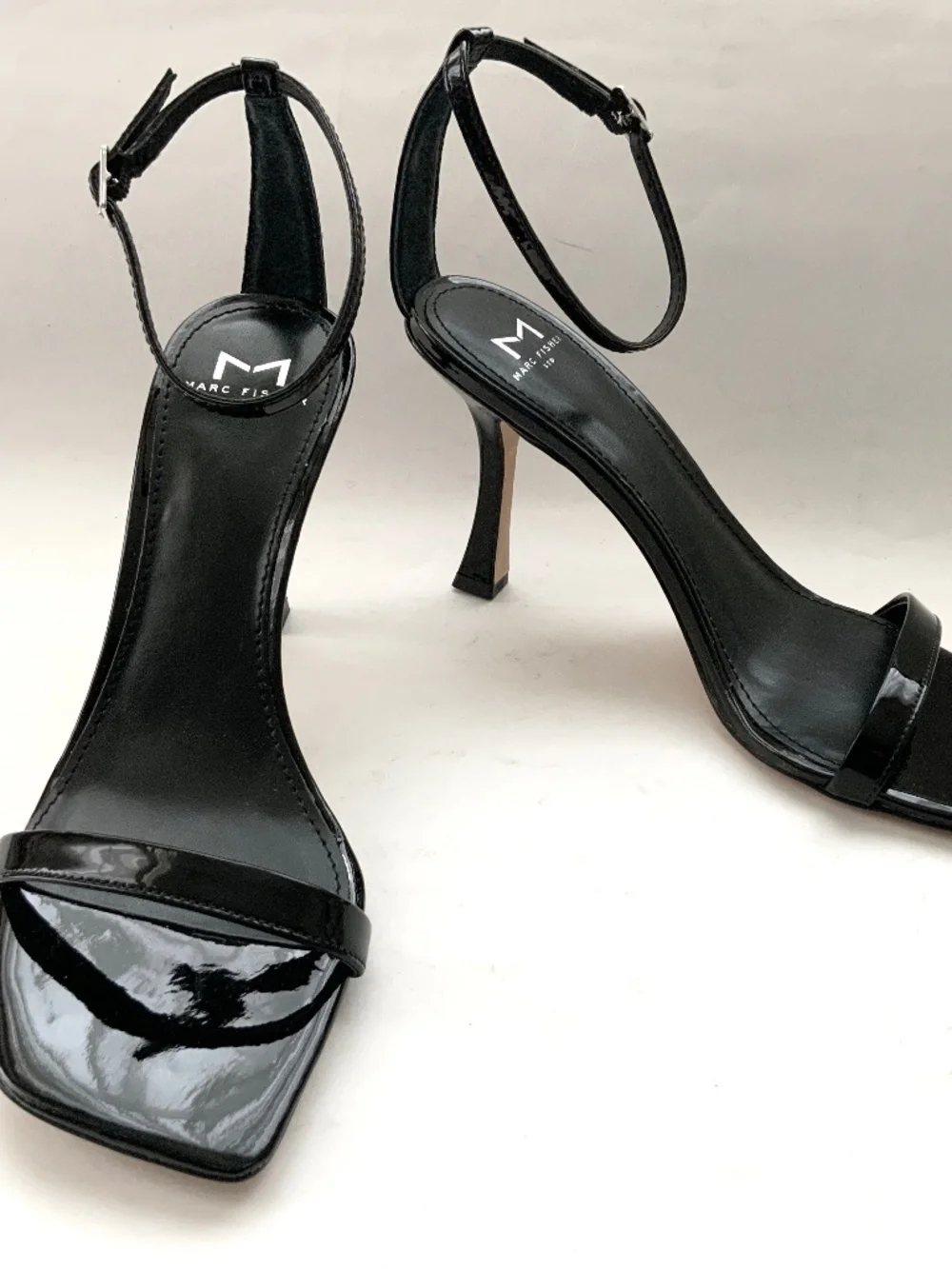 MARC FISHER Jalina Black Patent Leather Square Toe Ankle Strap High Heel Sandals